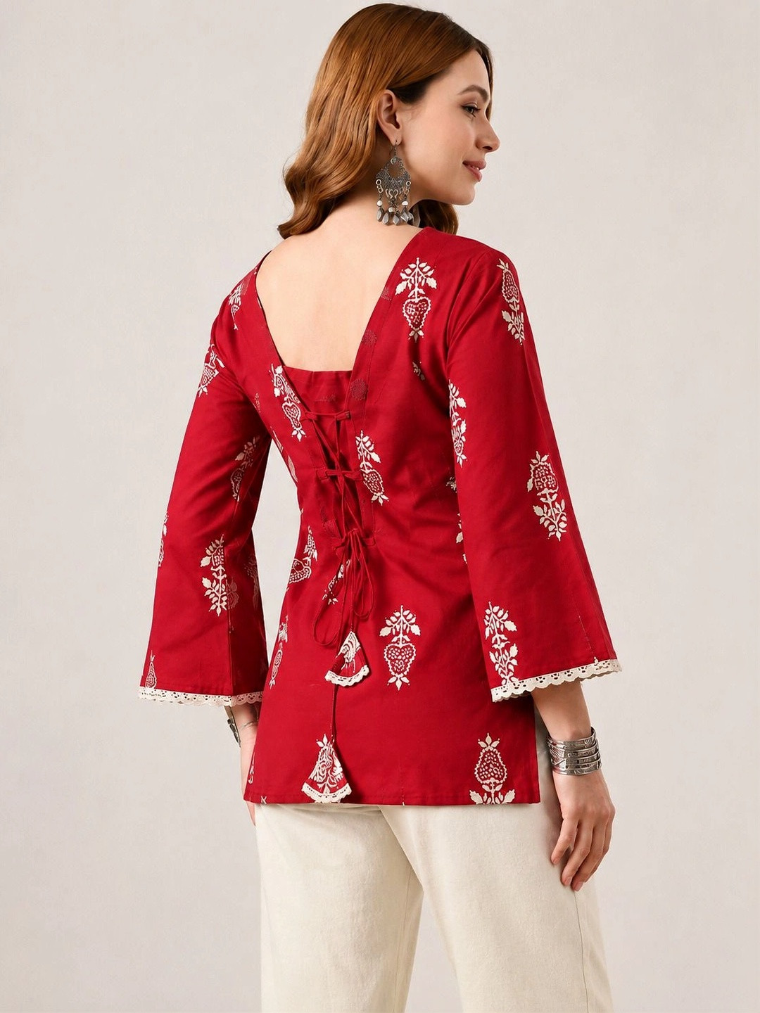 PHYSIL Ethnic Motifs Embroidered V-Neck Thread Work Pure Cotton Thread Work Kurti