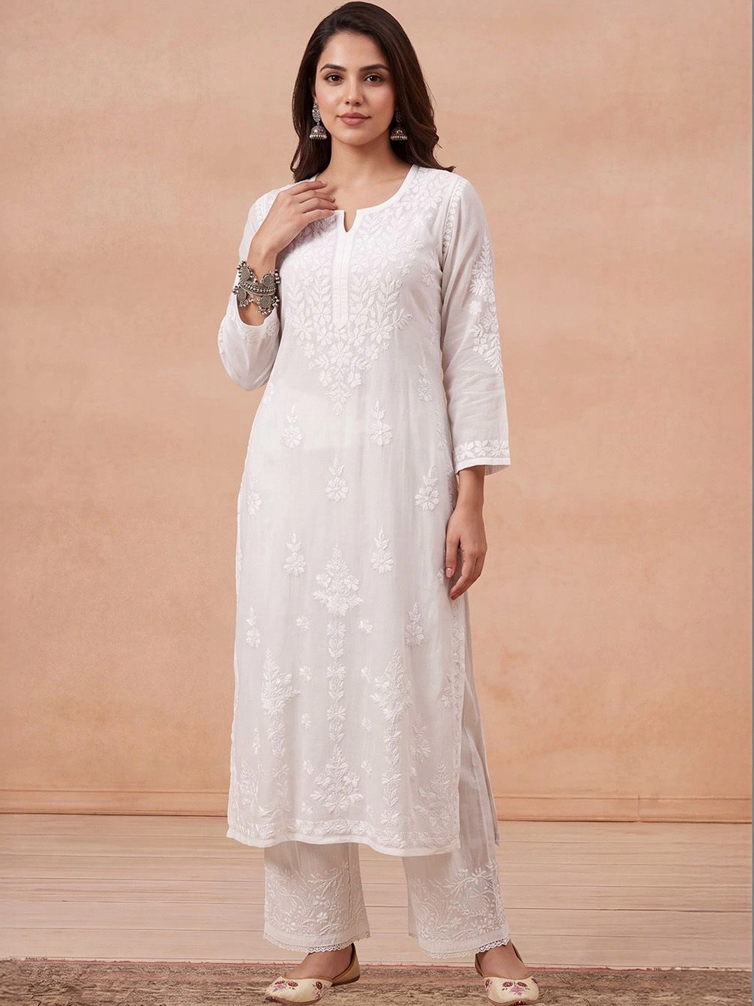 House of Chikankari Women White Modal Chikankari Embroidered Kurta