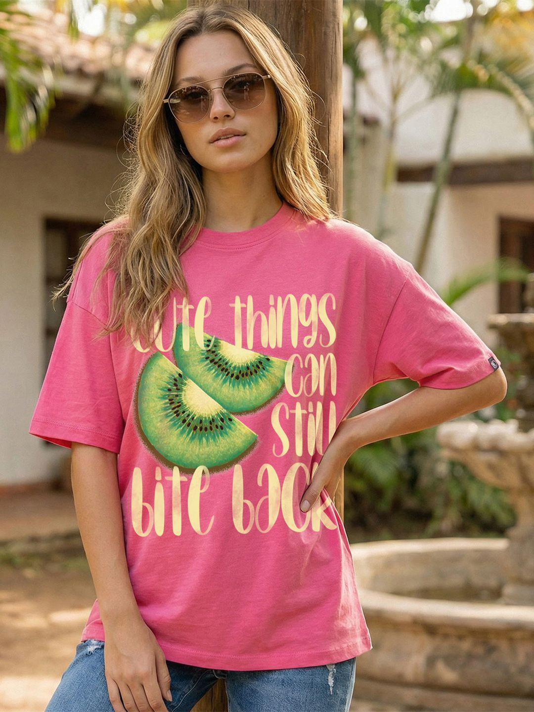 Bewakoof Women's Fandango Pink Kiwi Graphic Printed Oversized T-shirt
