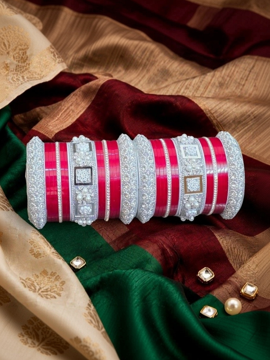 Mehpriye Set of 2 Silver-Plated Stone Studded & Beaded Bangles