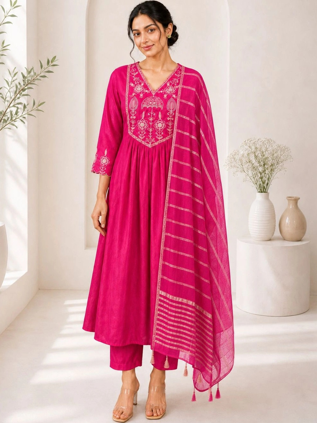 GHUNAWALI Women Ethnic Motifs Embroidered Empire Thread Work Kurta with Trousers & With Dupatta