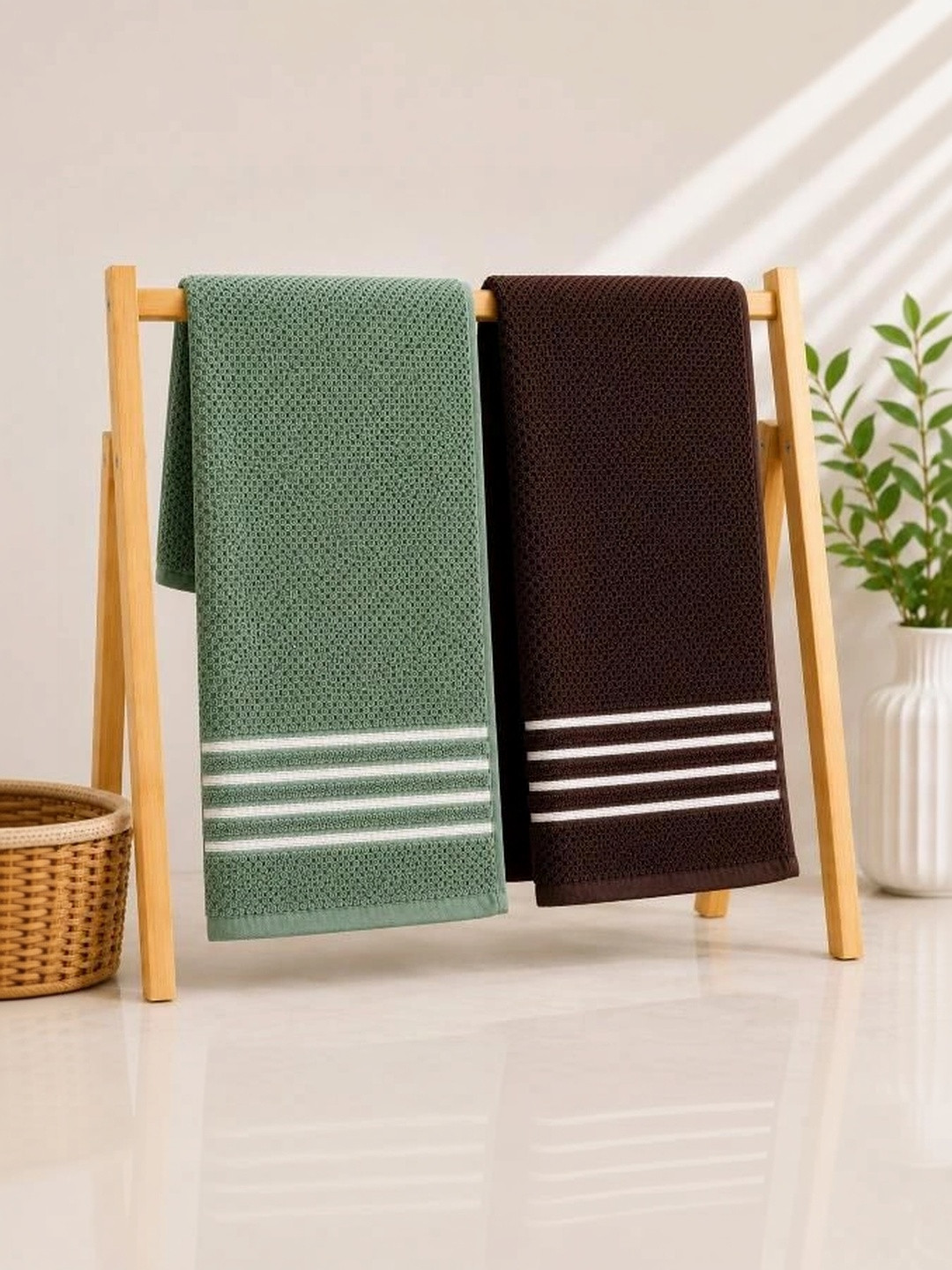 DEMARK Green & Brown 1 Striped Terry Cotton 480 GSM Bath Towel
