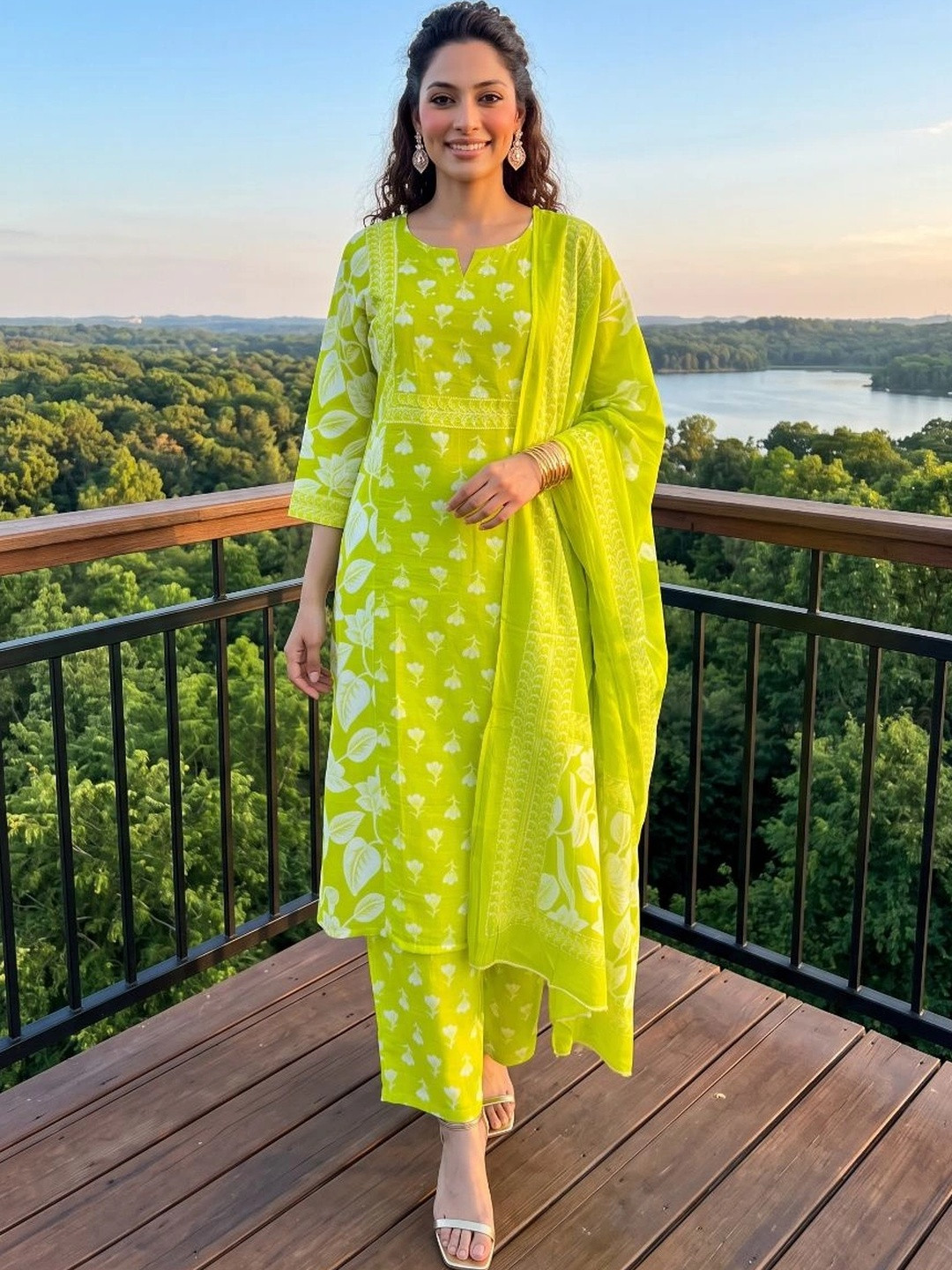 Sangria Women Floral Printed Regular Pure Cotton Kurta with Palazzos & With Dupatta