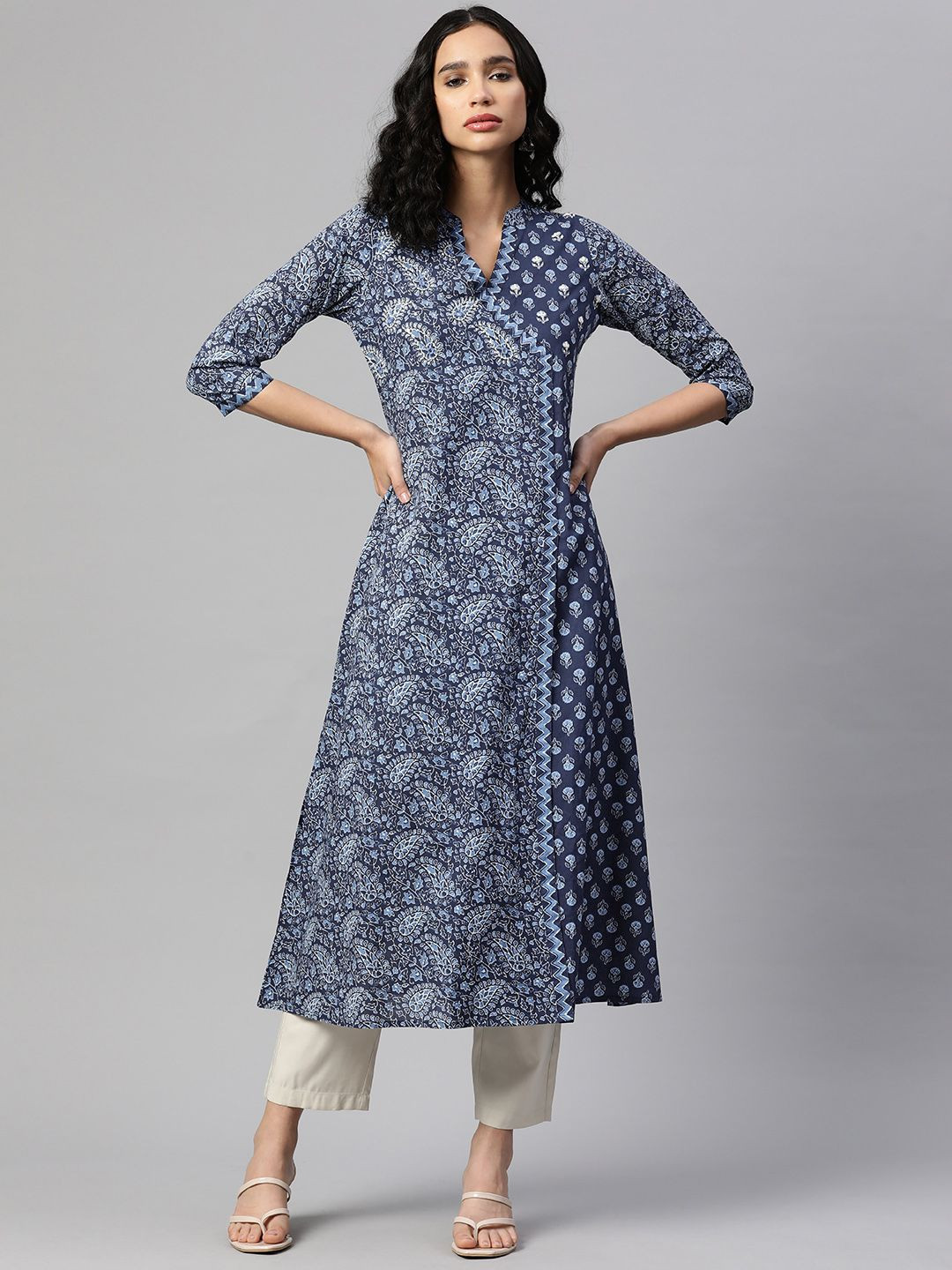 Vbuyz Womens Blue Cotton A-Line Printed Ethnic Kurti with Hand Work 3/4 Sleeves and V-Neck