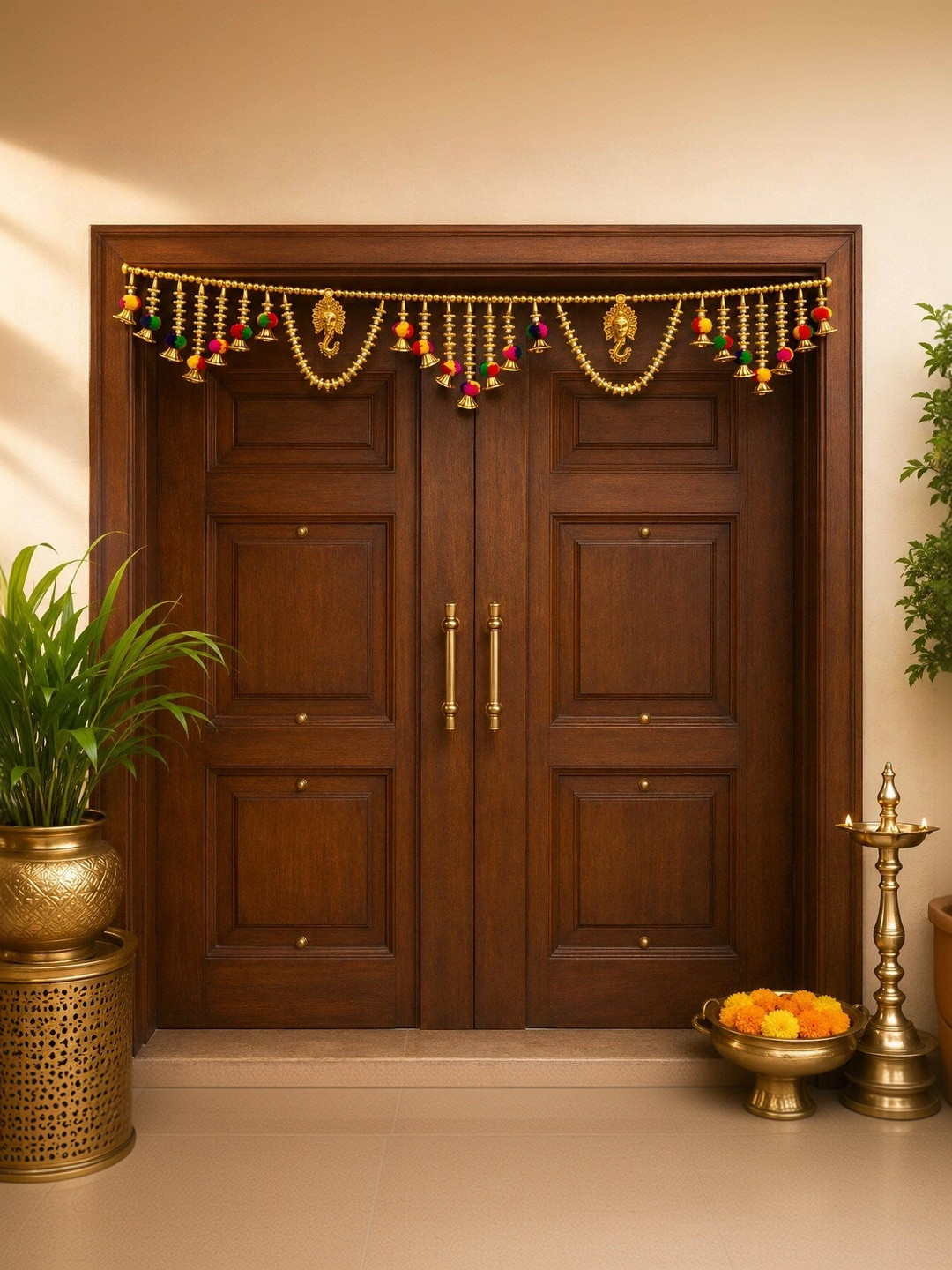 Special You Green & Yellow Pom-Poms & Bells Door Toran