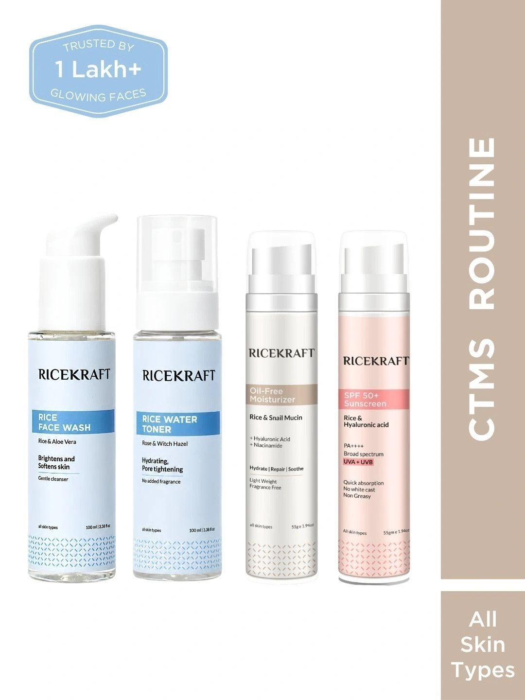 Ricekraft Set Of 4 Rice Face Wash, Toner, Oil Free Moisturizer & Sunscreen SPF50+