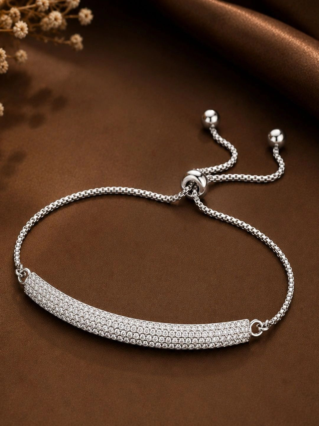 SUGARFRILL Silver-Plated Wide Pave Bar Adjustable Bracelet