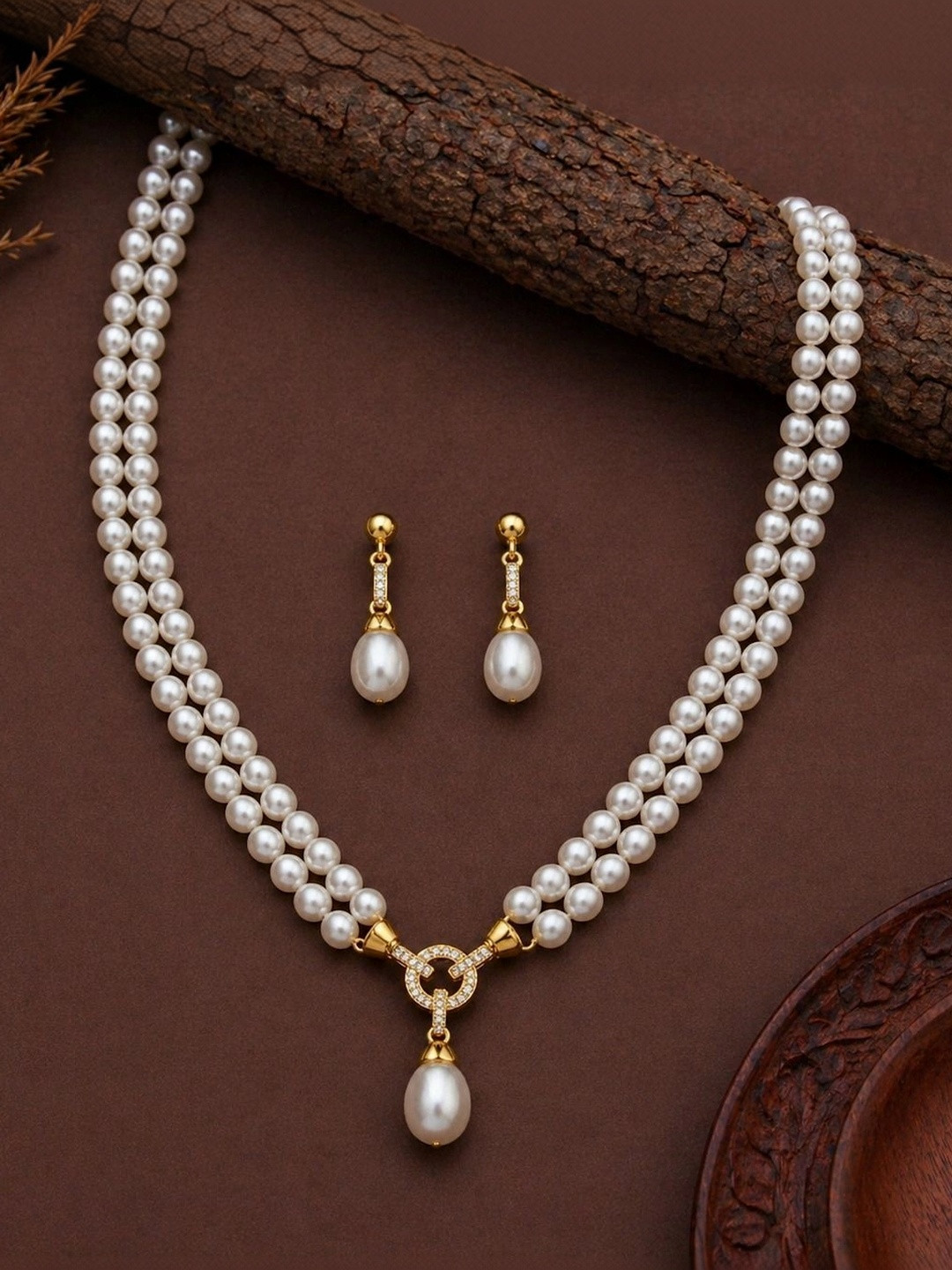 NKR GOLD Gold-Plated Layered Pearl Necklace and Earrings