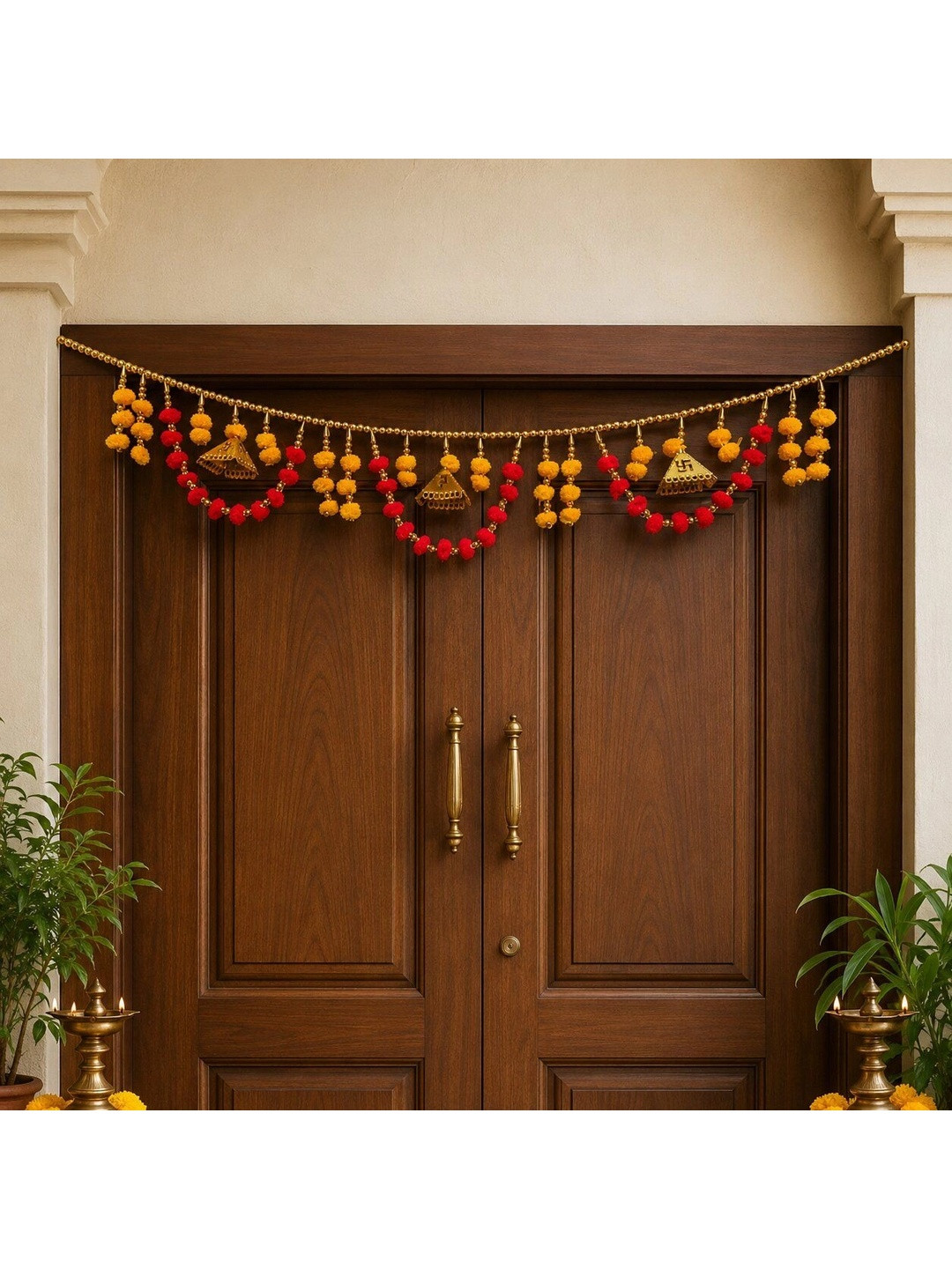 Special You Red & Yellow Pom-Poms with Bells Door Toran