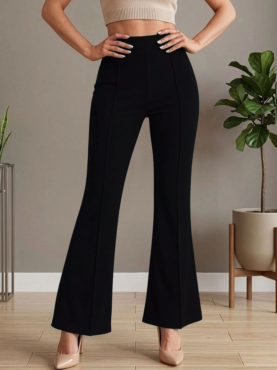 Navyankaa Women Bell Bottom High-Rise Trousers