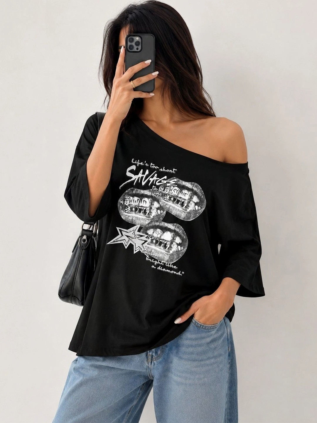 srensfashion Women Typography Printed Drop-Shoulder Sleeves T-shirt