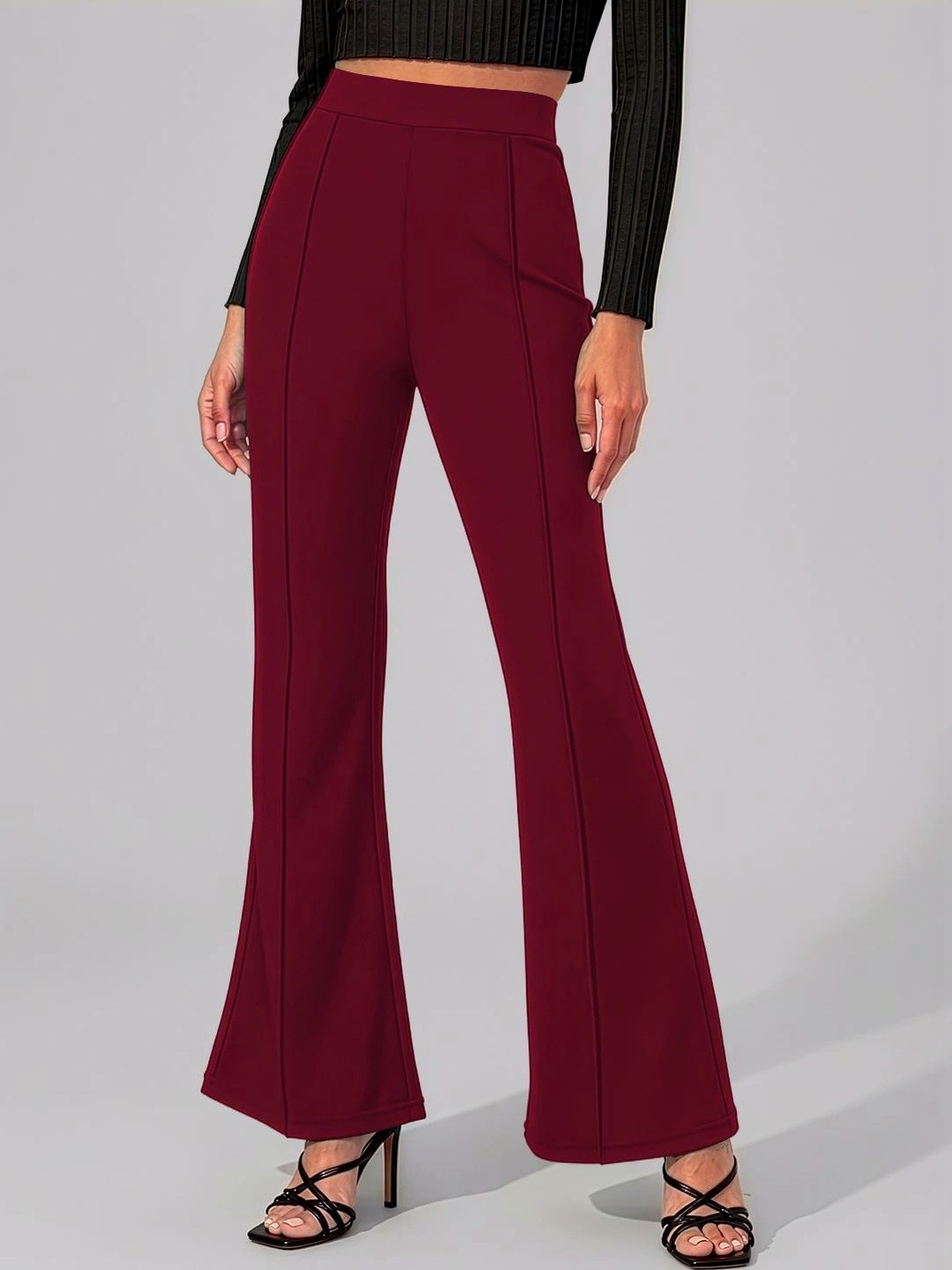Maroon Flared High-Rise Bootcut Trousers