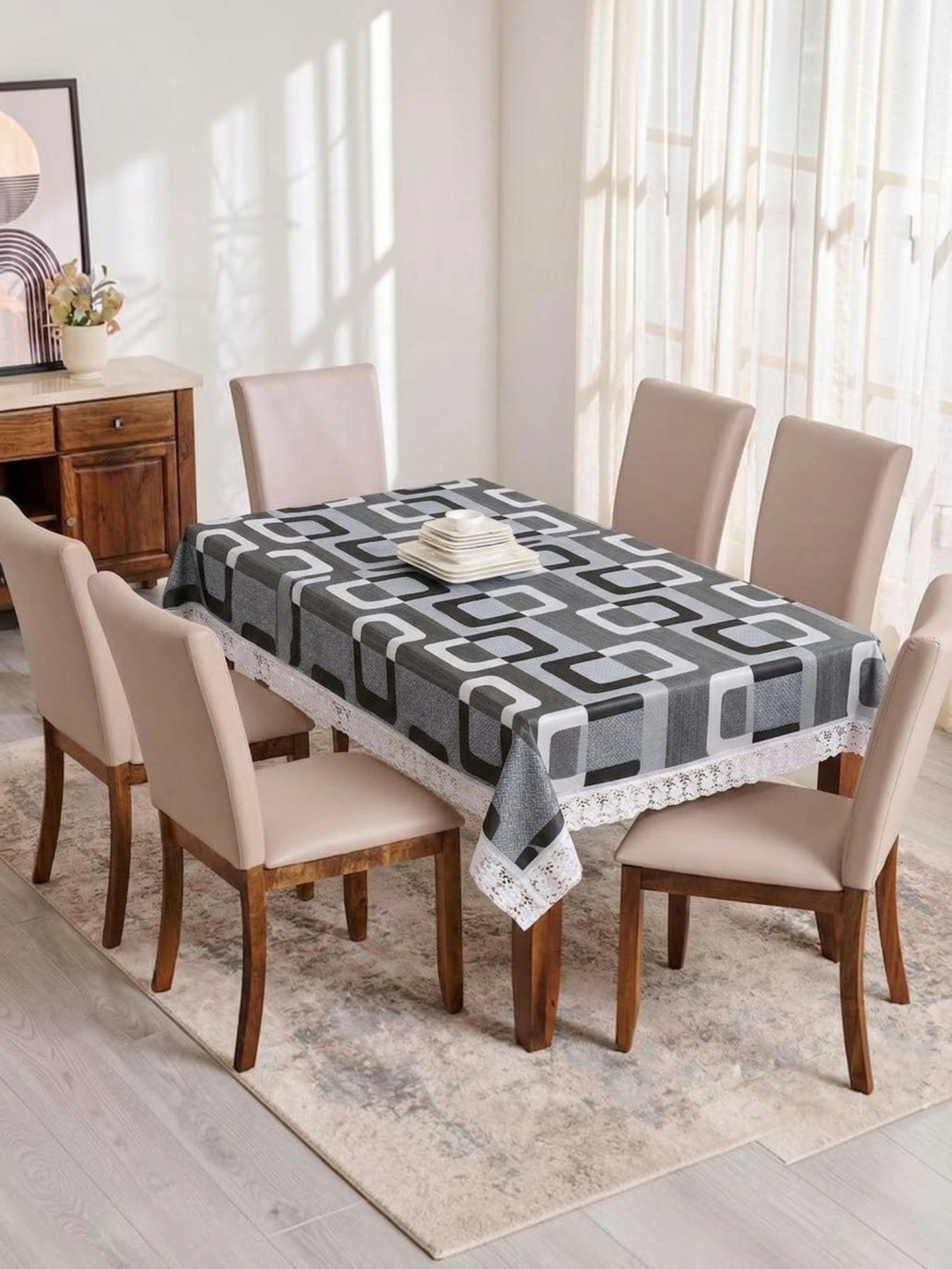 RYKA Black Geometric Printed Waterproof 6-Seater Table Cover