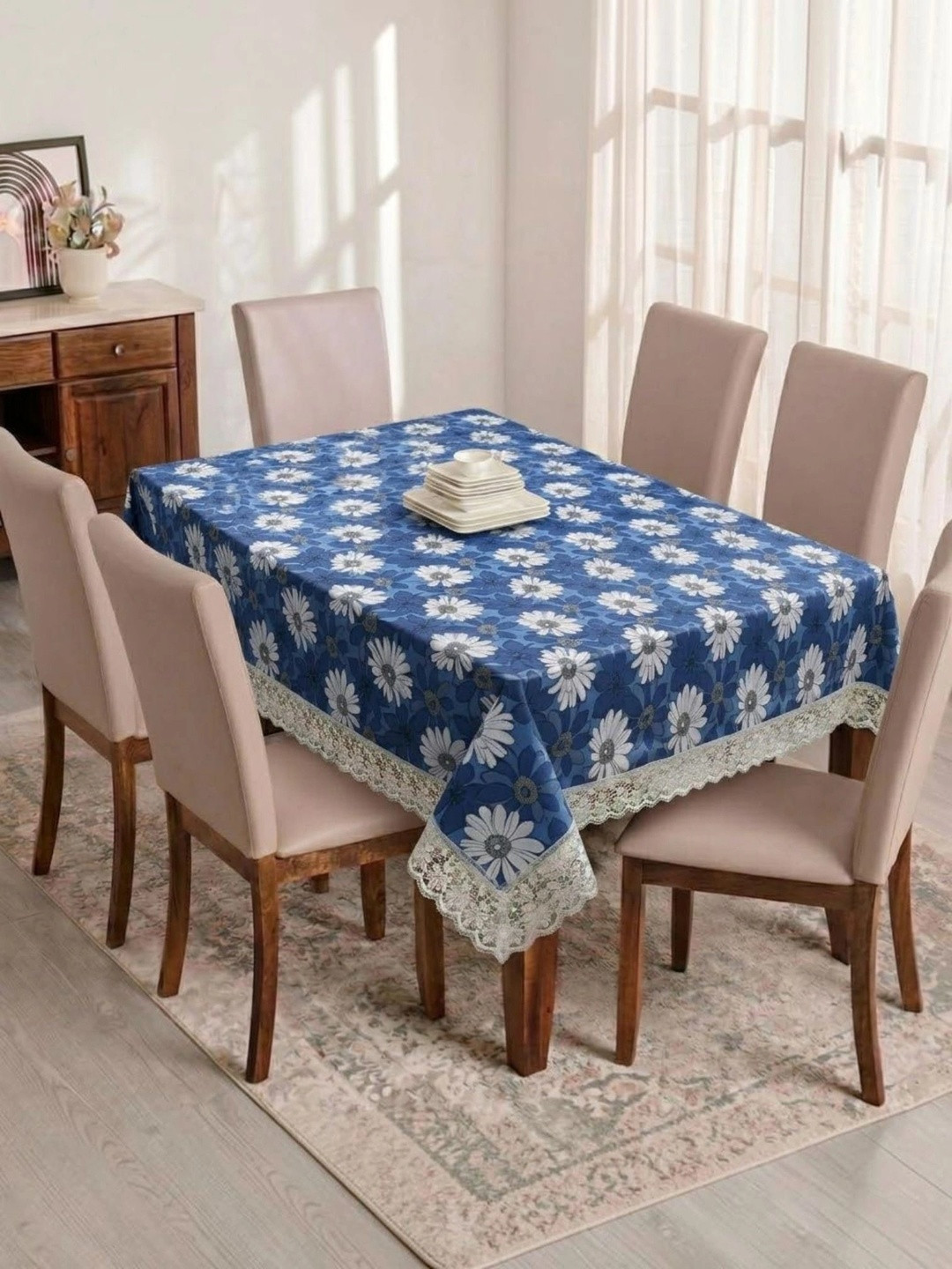 RYKA Blue Floral Waterproof 6-Seater Table Cover with Textured details