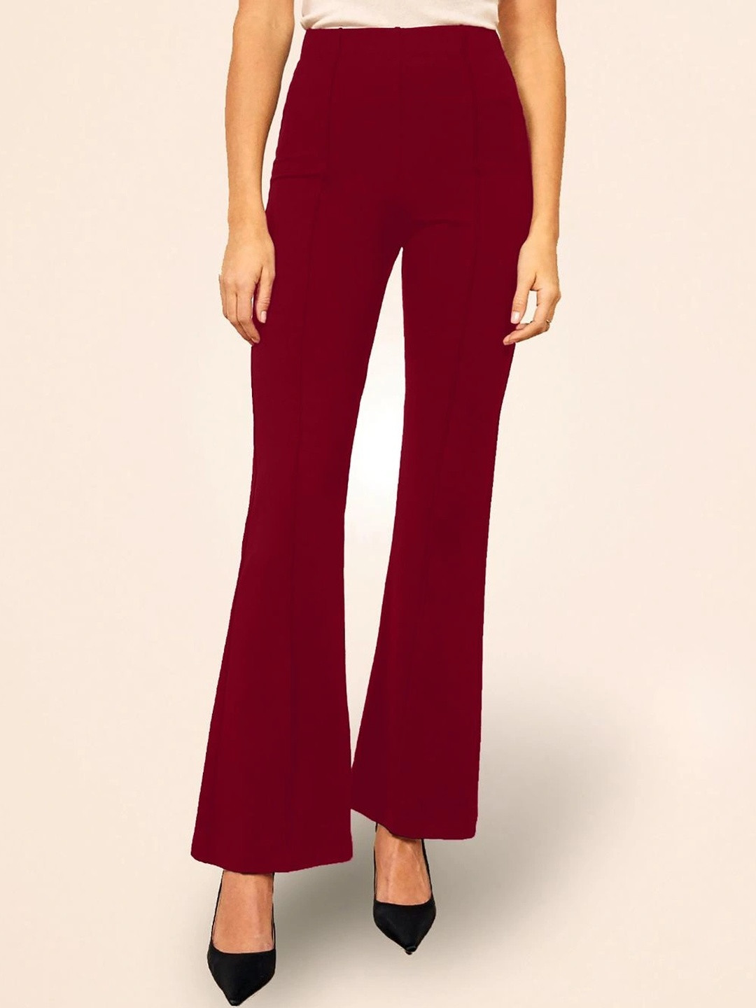 Maroon Flared High-Rise Bootcut Trousers