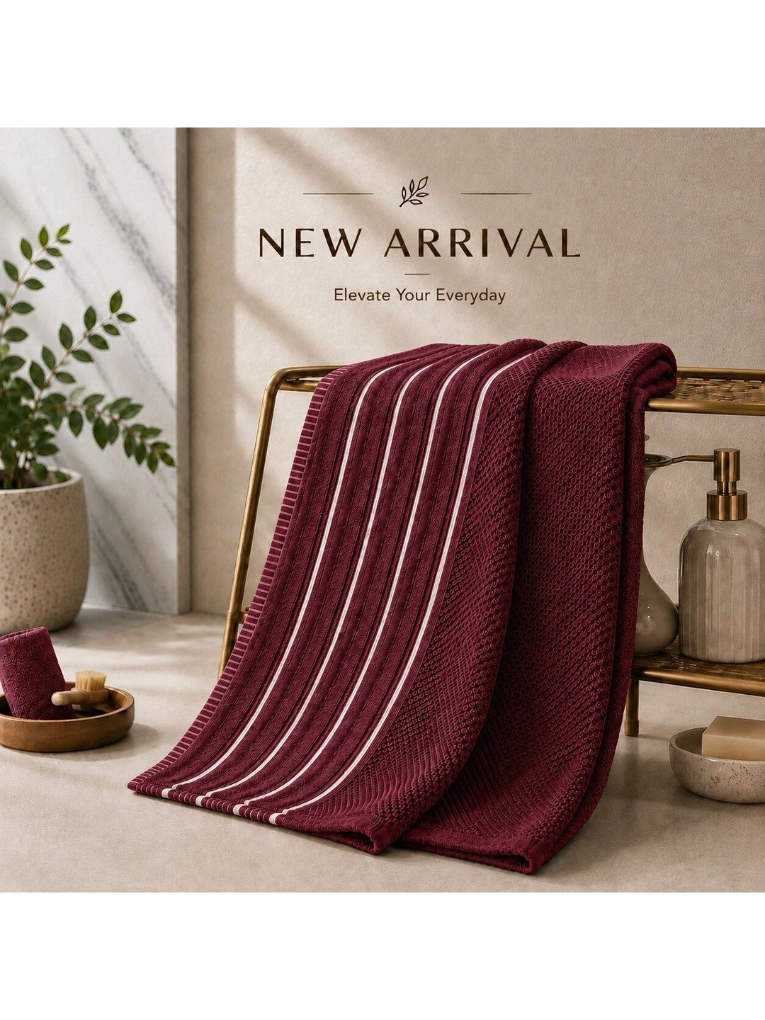 QUARCK Maroon 1 Striped Cotton 480 GSM Bath Towel