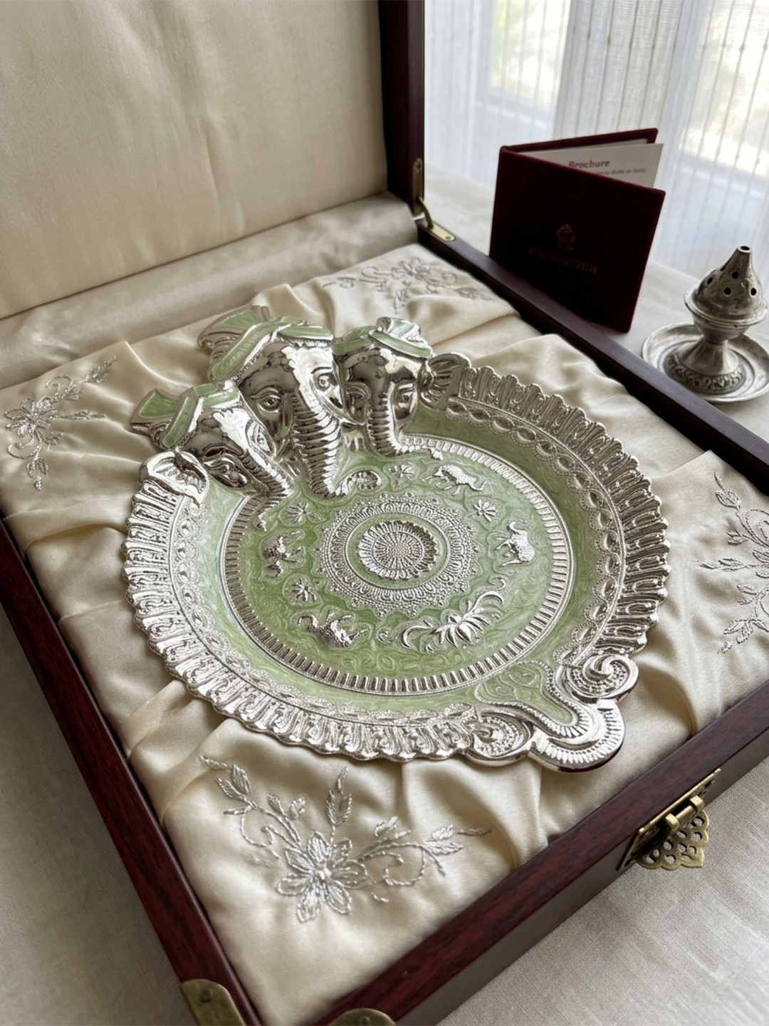 Barn 14 Silver Toned Ganesha Enamel Work Metallic Aarti Thali Pooja Plate