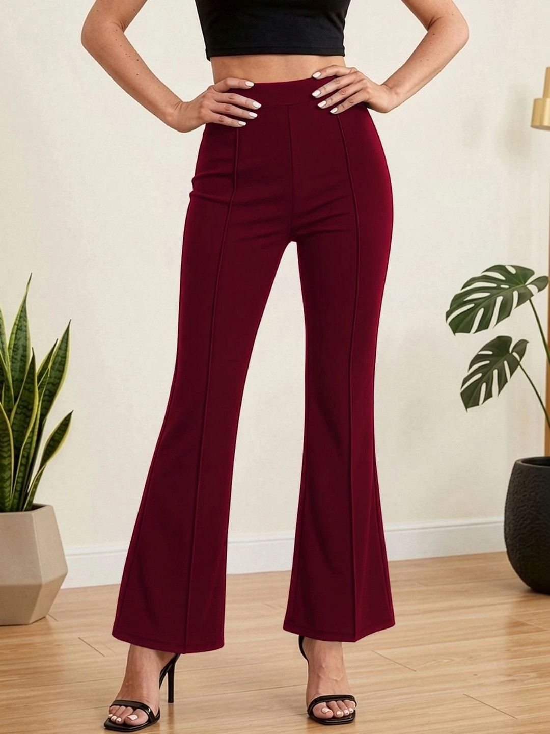 Maroon Flared High-Rise Bootcut Trousers