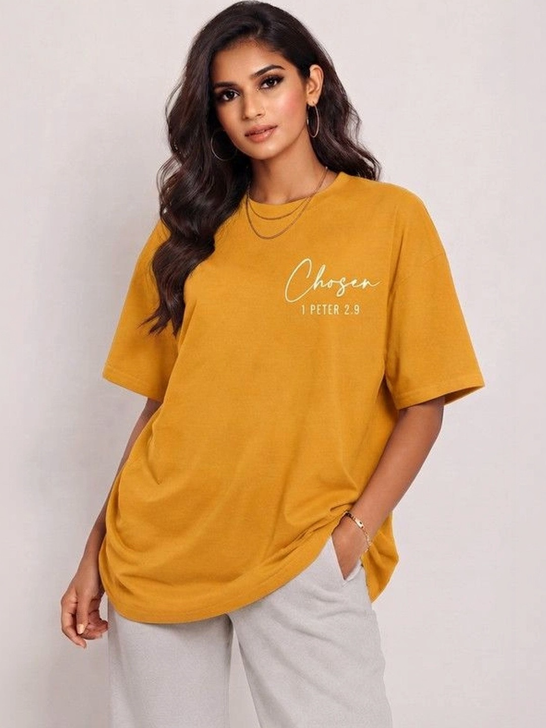 9TUNKI Women Typography Printed Drop-Shoulder Sleeves Pure Cotton T-shirt