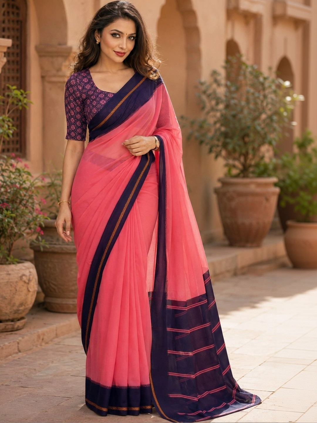 KALINI Striped Poly Georgette Saree