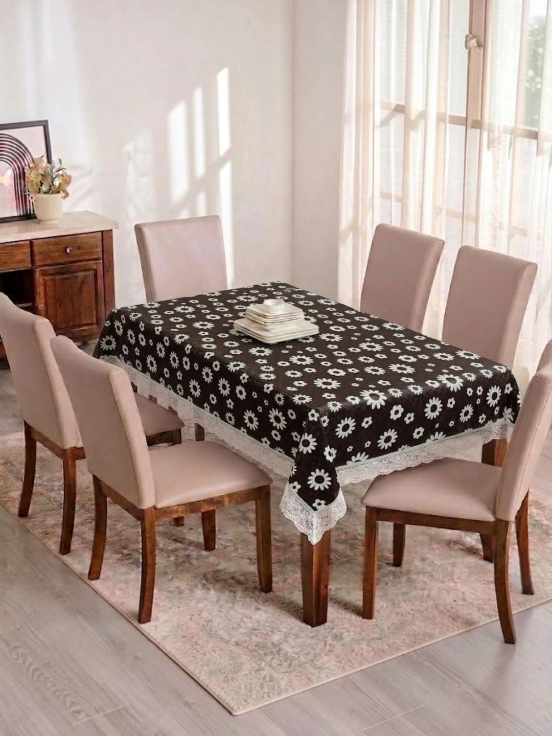 RYKA Black Floral Waterproof 6-Seater Table Cover with Textured details