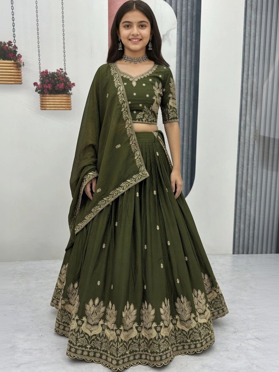 Closin Girls Embroidered Thread Work Ready to Wear Lehenga & Unstitched Blouse With Dupatta