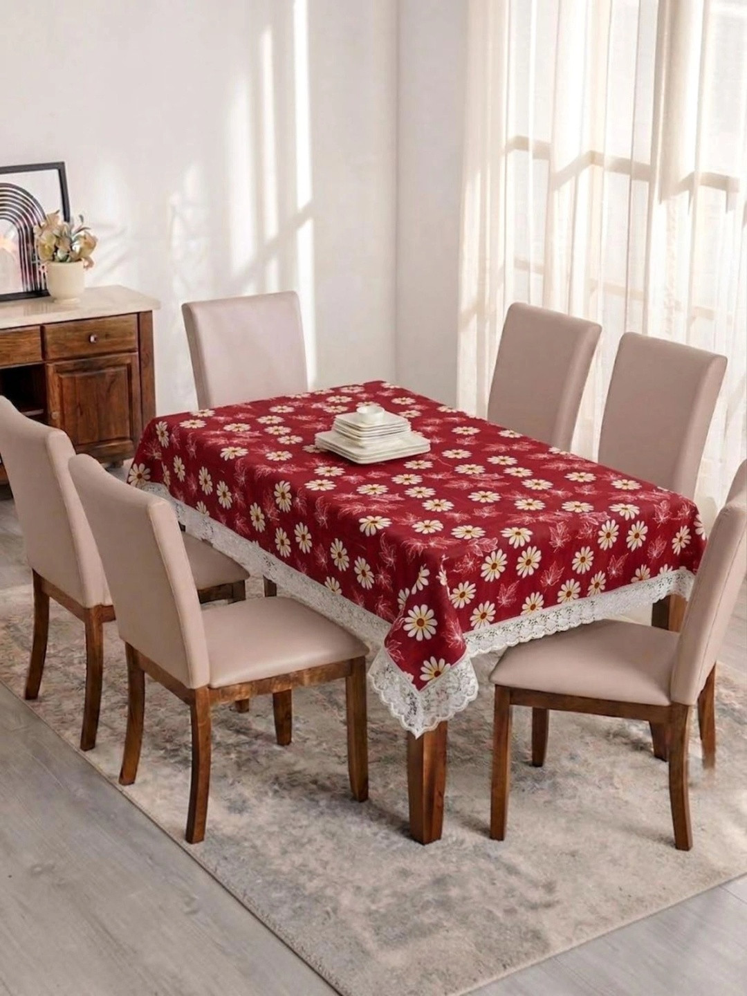 RYKA Red Floral Waterproof 6-Seater Table Cover with Embellished details