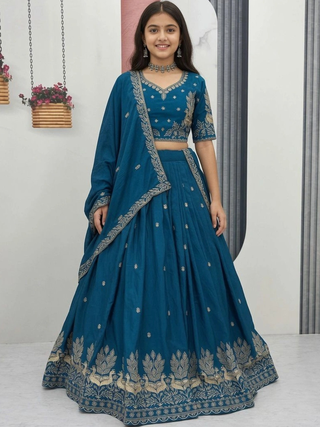 Closin Girls Embroidered Thread Work Ready to Wear Lehenga & Unstitched Blouse With Dupatta