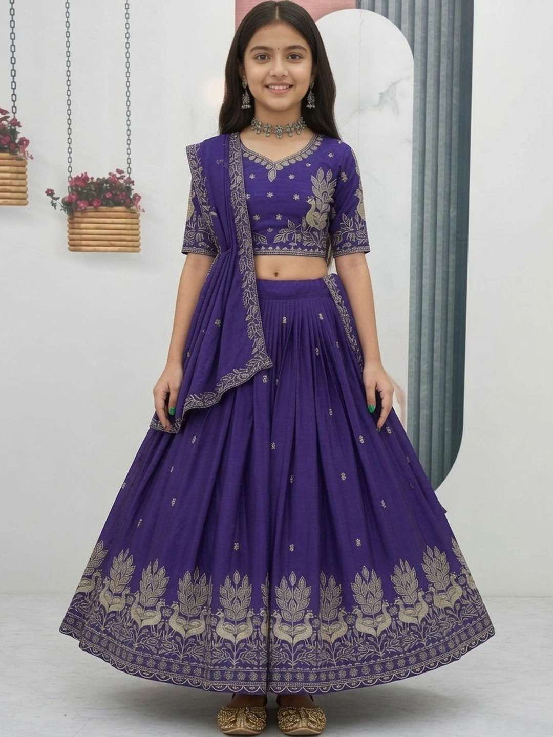 Closin Girls Embroidered Thread Work Ready to Wear Lehenga & Unstitched Blouse With Dupatta