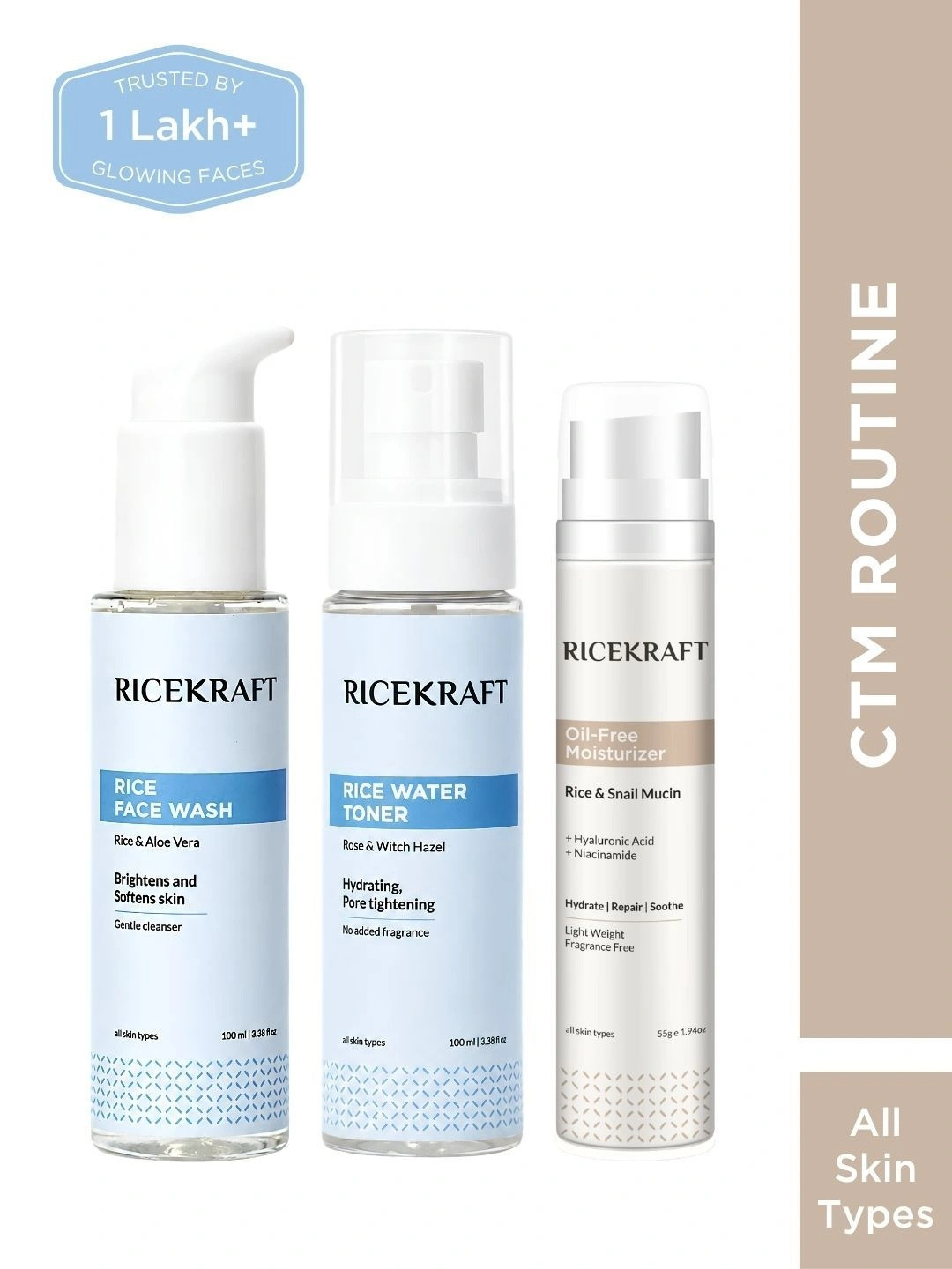 Ricekraft Set Of 3 Rice Face Wash (100ml) + Toner (100ml) + Snail Mucin Moisturizer (55g)