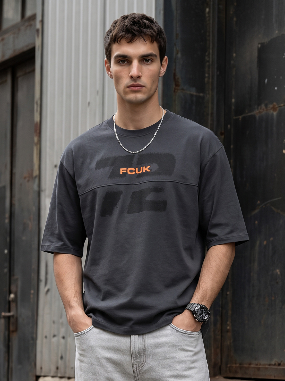 FCUK Oversized Typography Printed Pure Cotton T-shirt