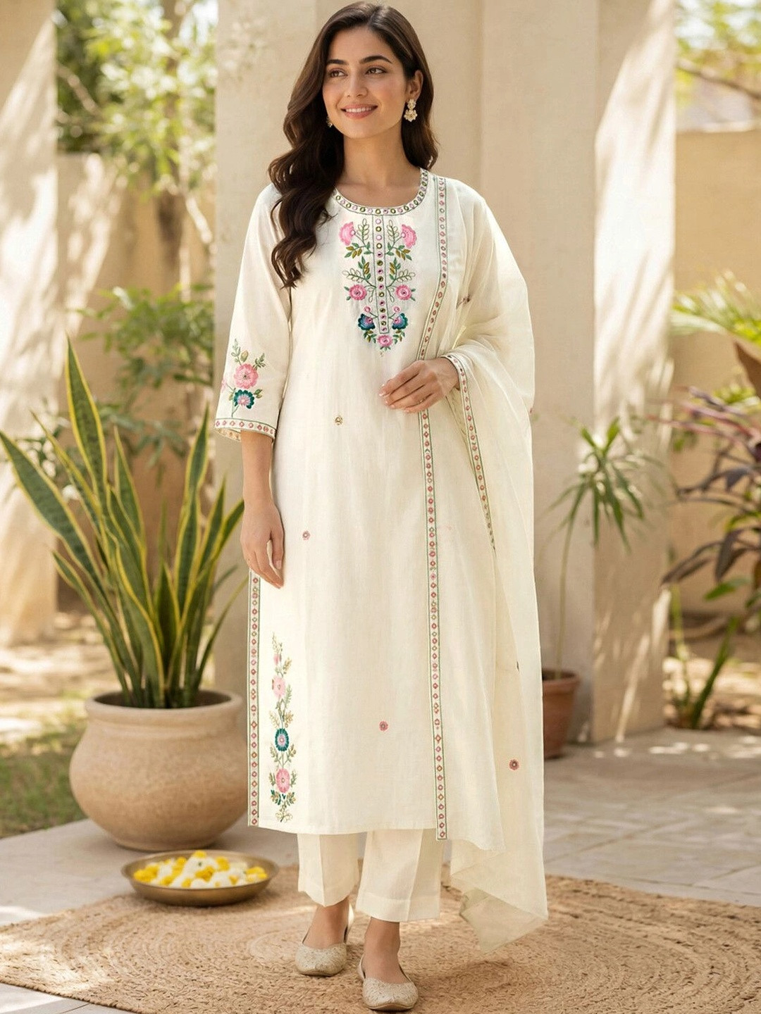 SKYLEE Women Floral Embroidered Regular Thread Work Pure Cotton Kurta with Trousers & With Dupatta