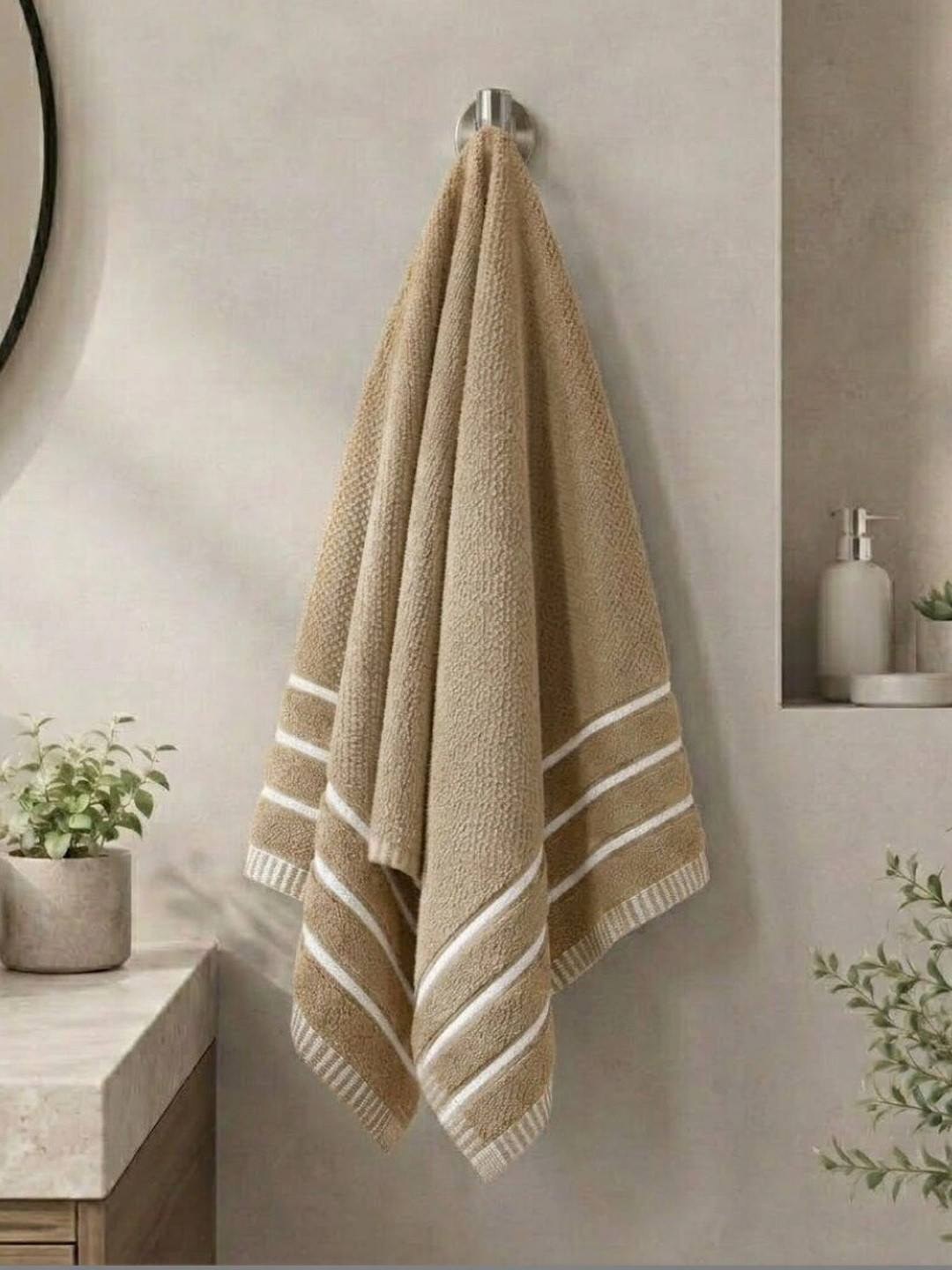QUARCK Beige 1 Striped Cotton 480 GSM Bath Towel