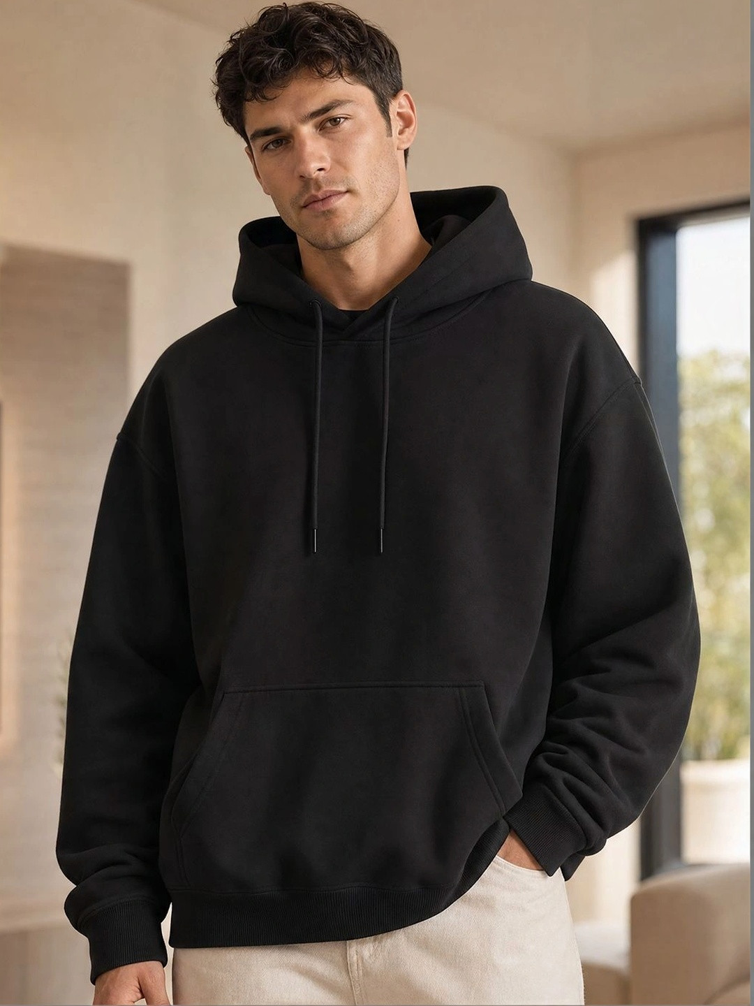 NOBERO Men Oversized Solid Fleece Hooded Sweatshirt