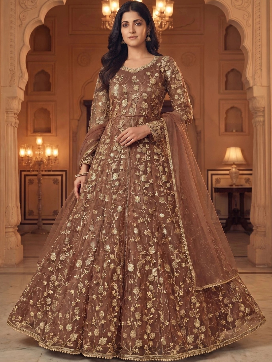 RUDRAPRAYAG Floral Embroidered Net Fit & Flare Maxi Dress