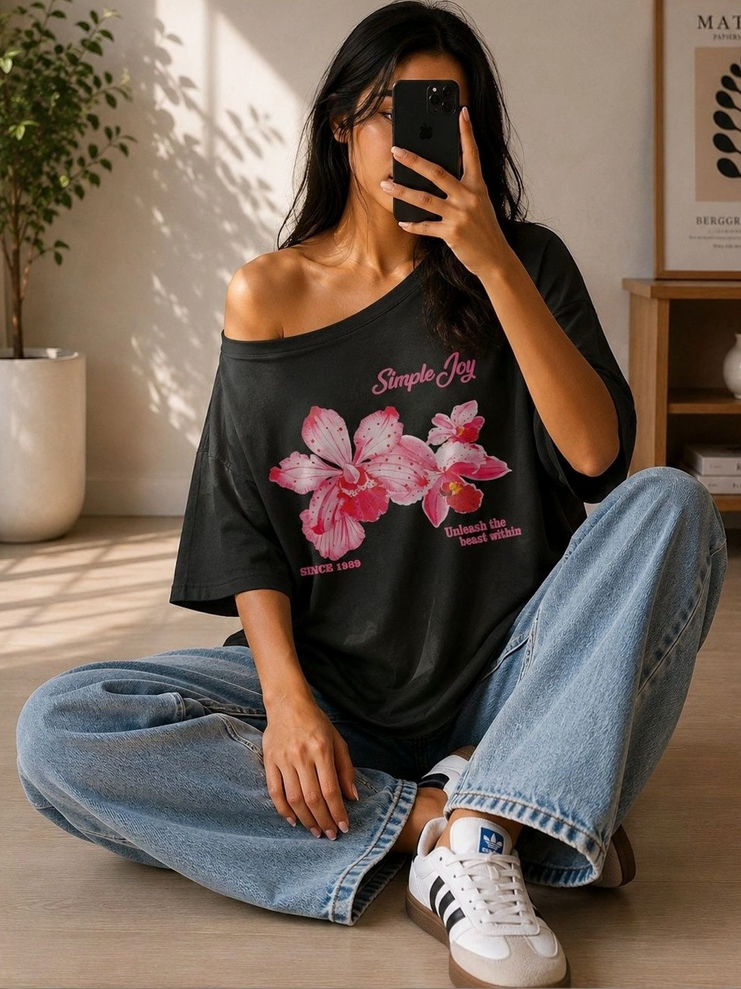 srensfashion Women Floral Printed Drop-Shoulder Sleeves T-shirt