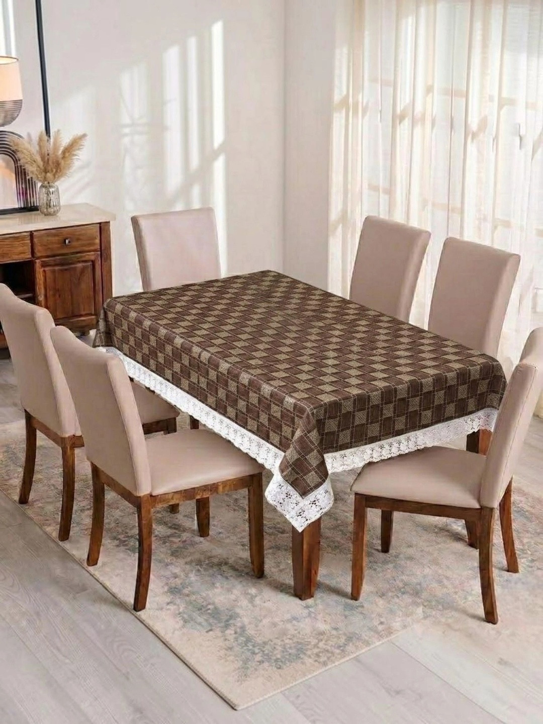 RYKA Brown Geometric Printed Waterproof 6-Seater Table Cover with Textured details