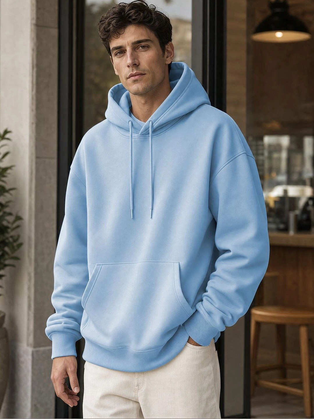 NOBERO Men Oversized Solid Fleece Hooded Sweatshirt