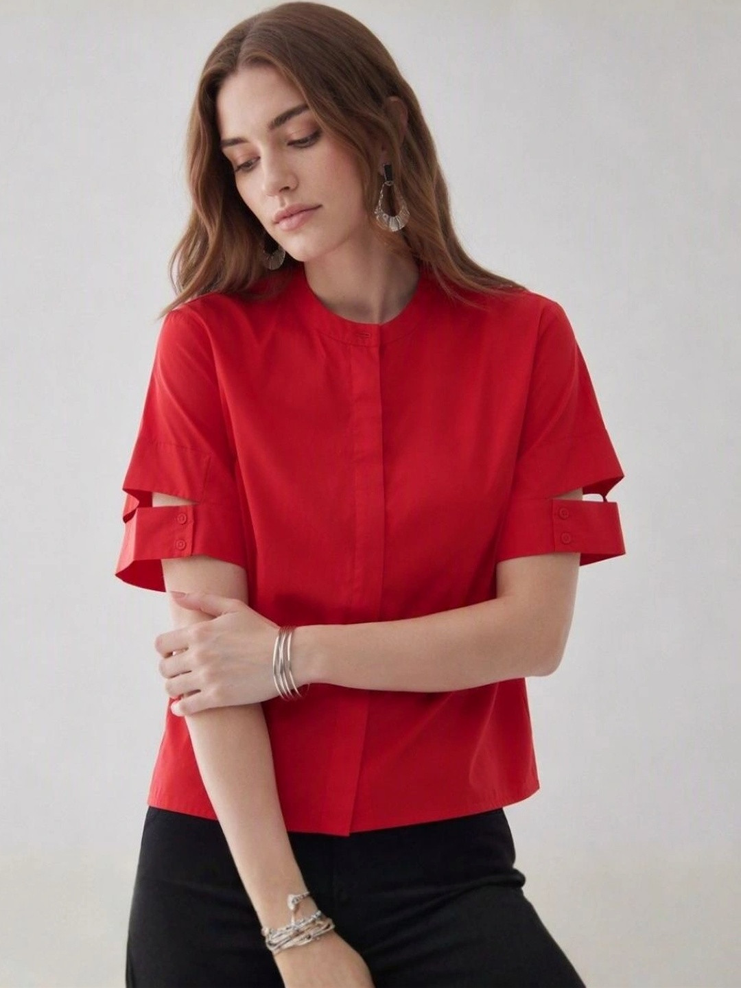 Virgio Solid Cotton Split Cuff Round Neck Shirt for Women