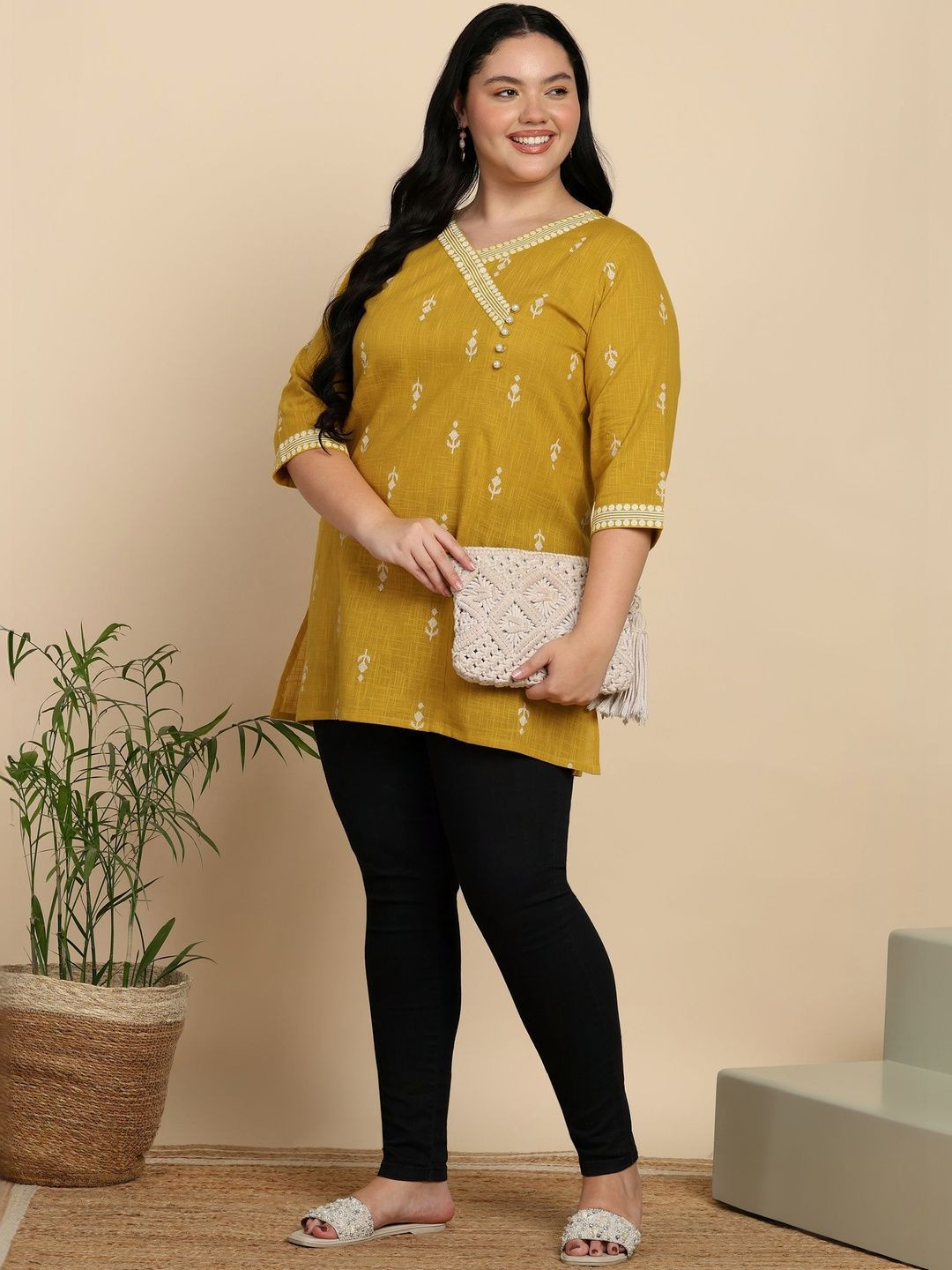 KALINI Ethnic Motifs Printed V-Neck Pure Cotton Angrakha Kurti