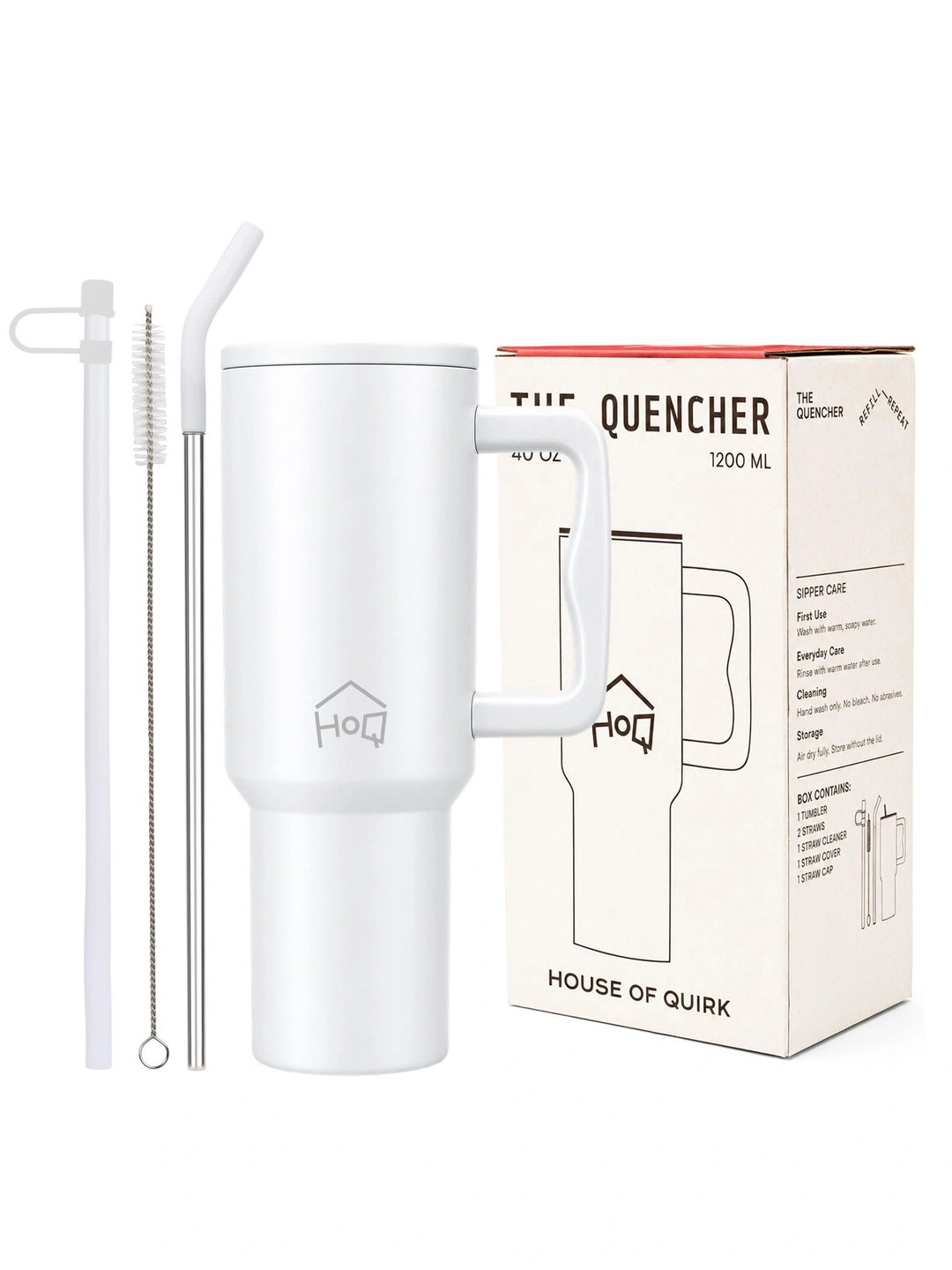 HOUSE OF QUIRK White Stainless Steel Double Wall Vacuum Water Bottle With Straw 1.2L