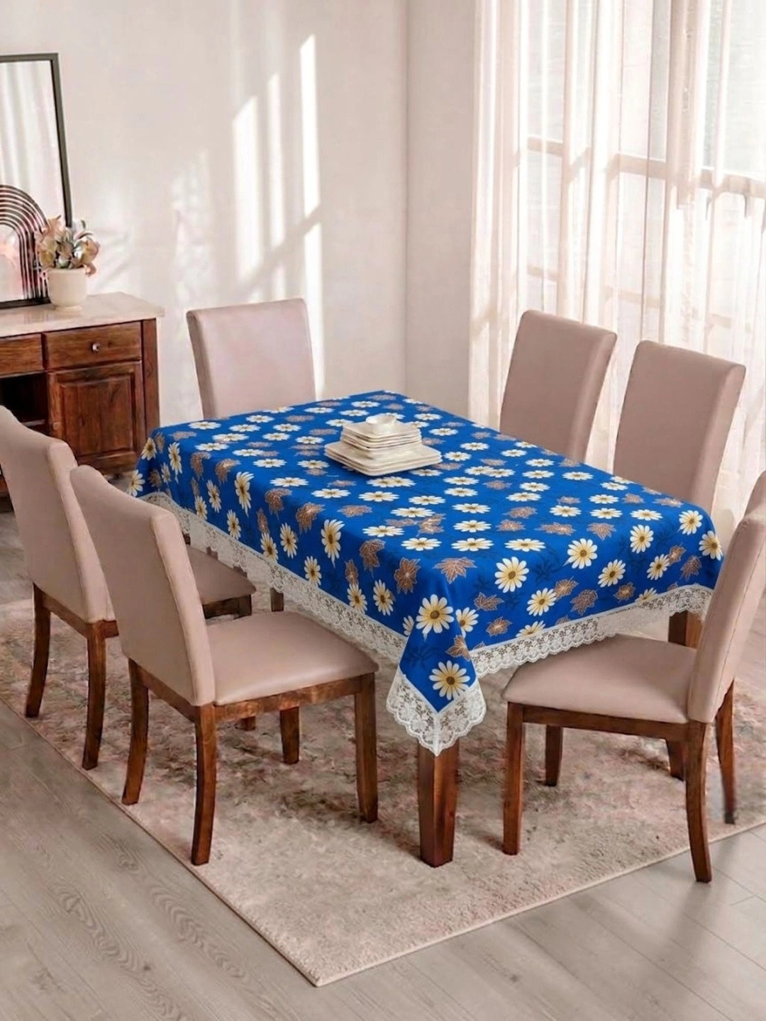 RYKA Blue Floral Waterproof 6-Seater Table Cover