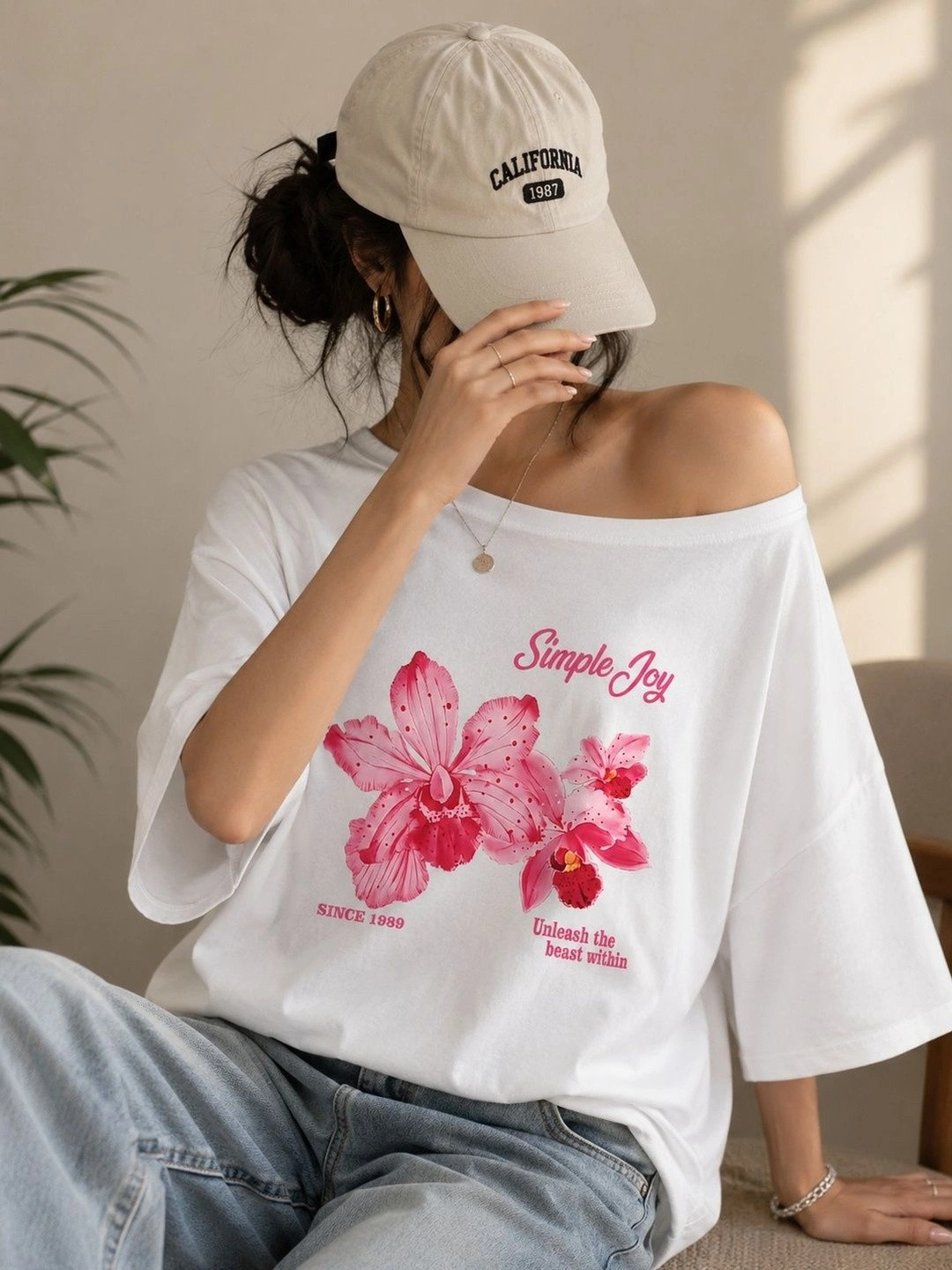 srensfashion Women Floral Printed Drop-Shoulder Sleeves T-shirt