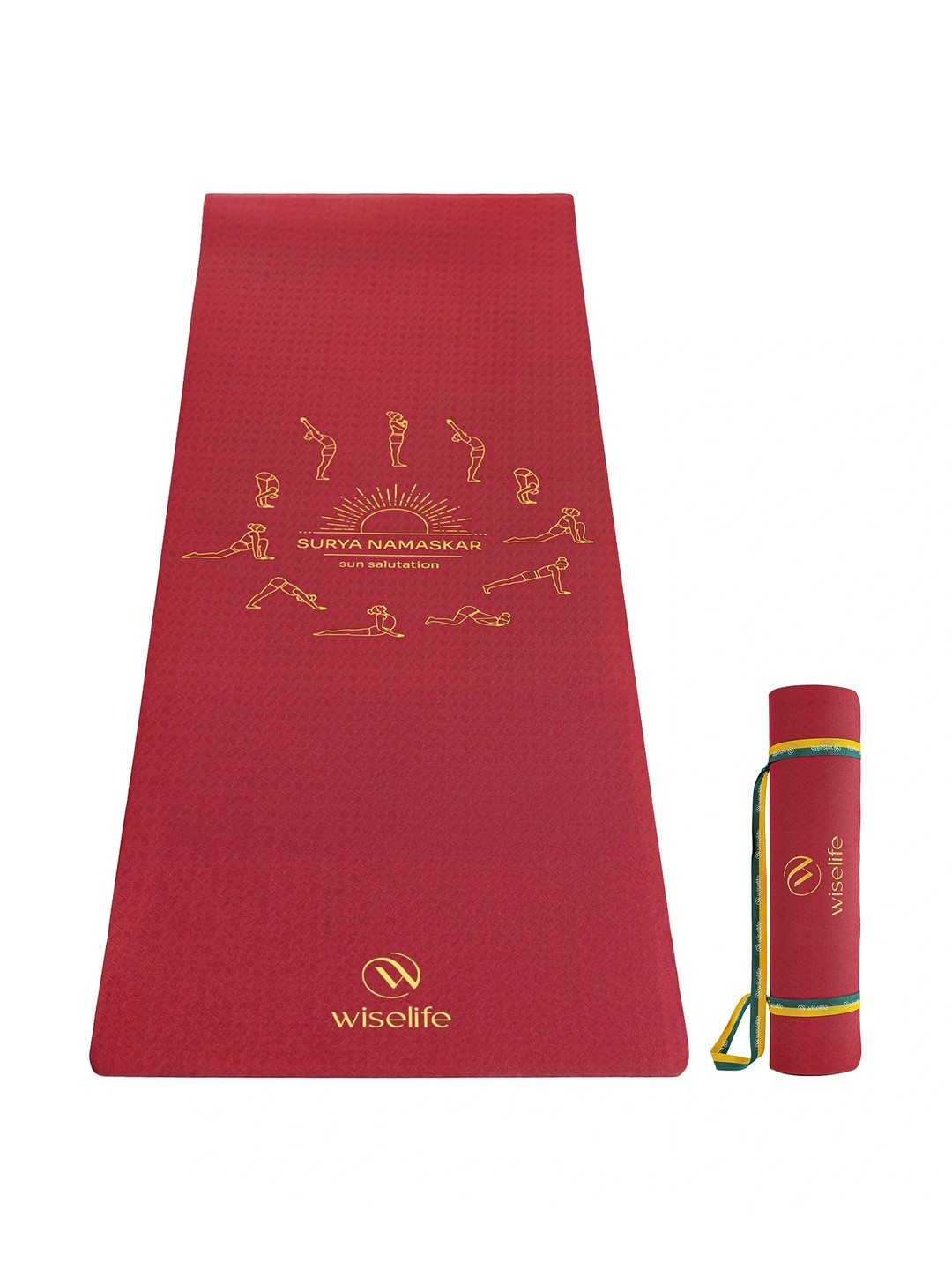 WiseLife Maroon & Gold Toned Printed Rectangular Anti-Skid Yoga Mat With Sleek Strap
