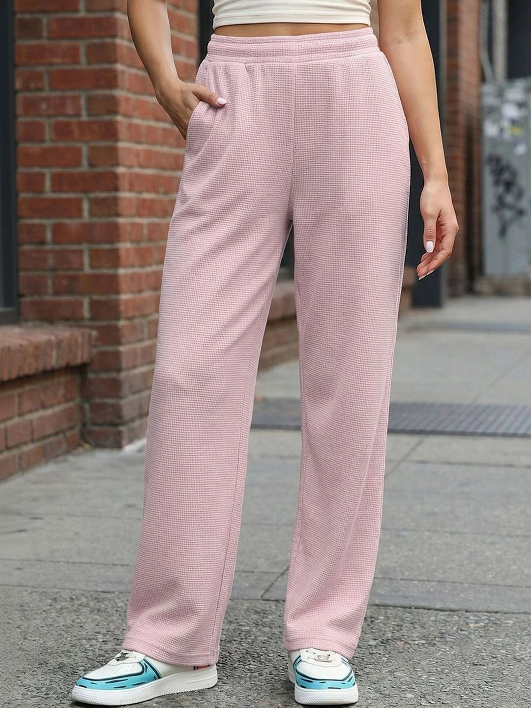 Bewakoof Women's Pastel Pink Textured Straight Fit Track Pants