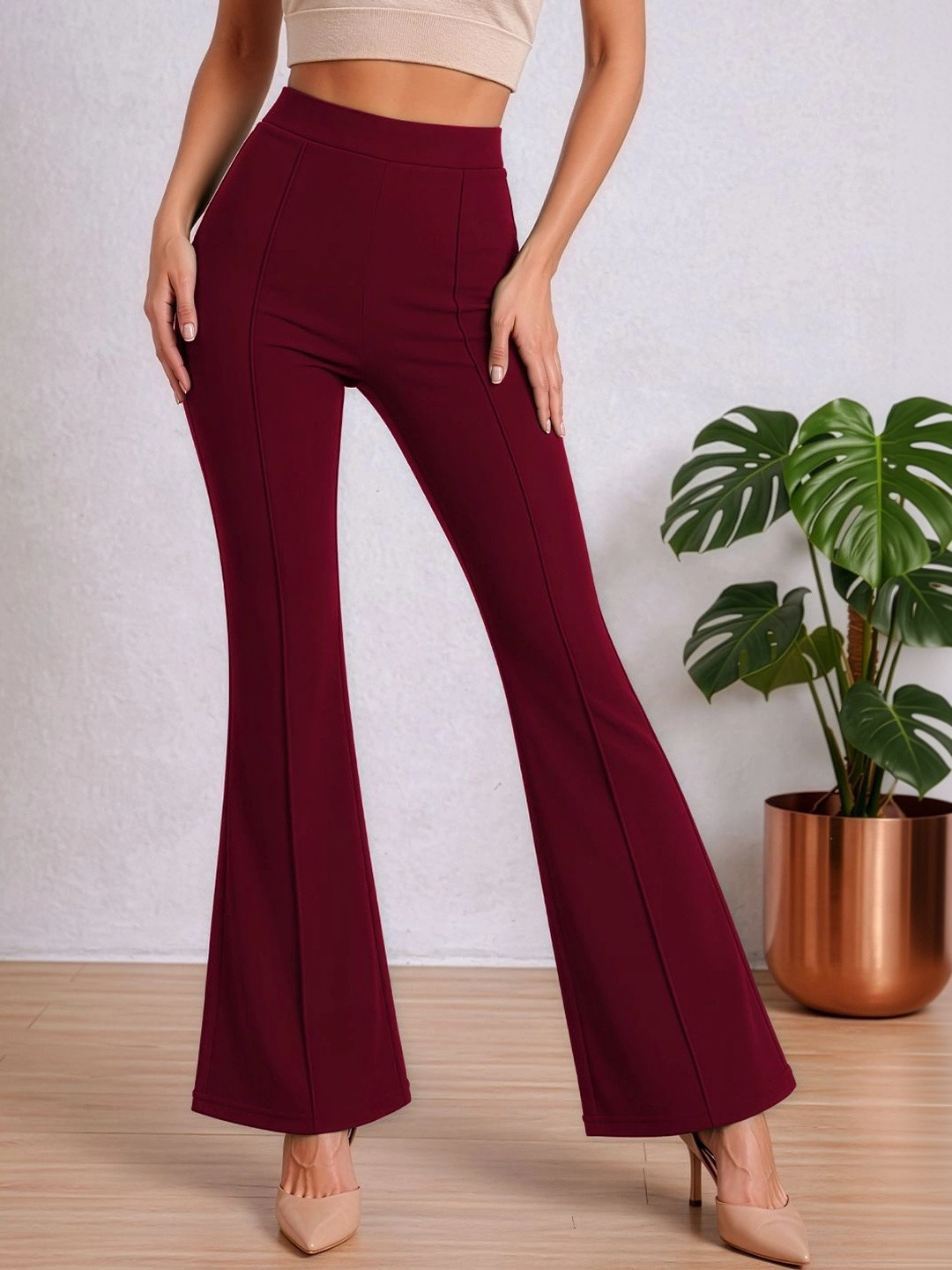 Maroon Flared High-Rise Bootcut Trousers