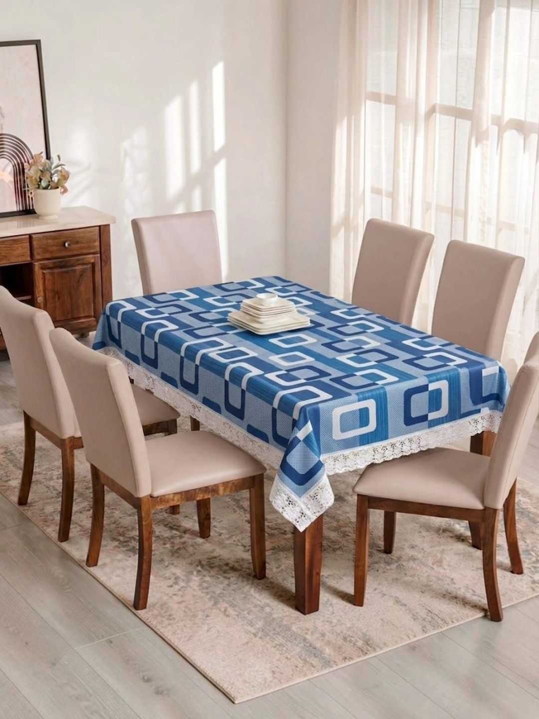 RYKA Blue Geometric Printed Waterproof 6-Seater Table Cover with Embellished details