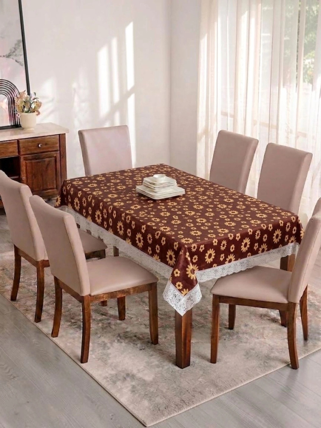 RYKA Brown Floral Waterproof 6-Seater Table Cover with Textured details