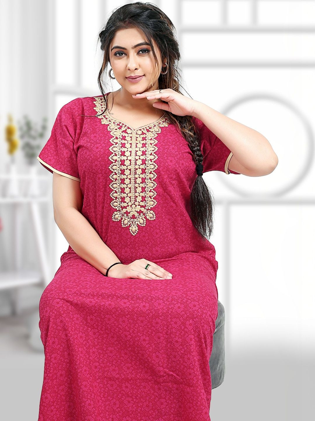 Zairra Women Cotton Embroidered Nightdress