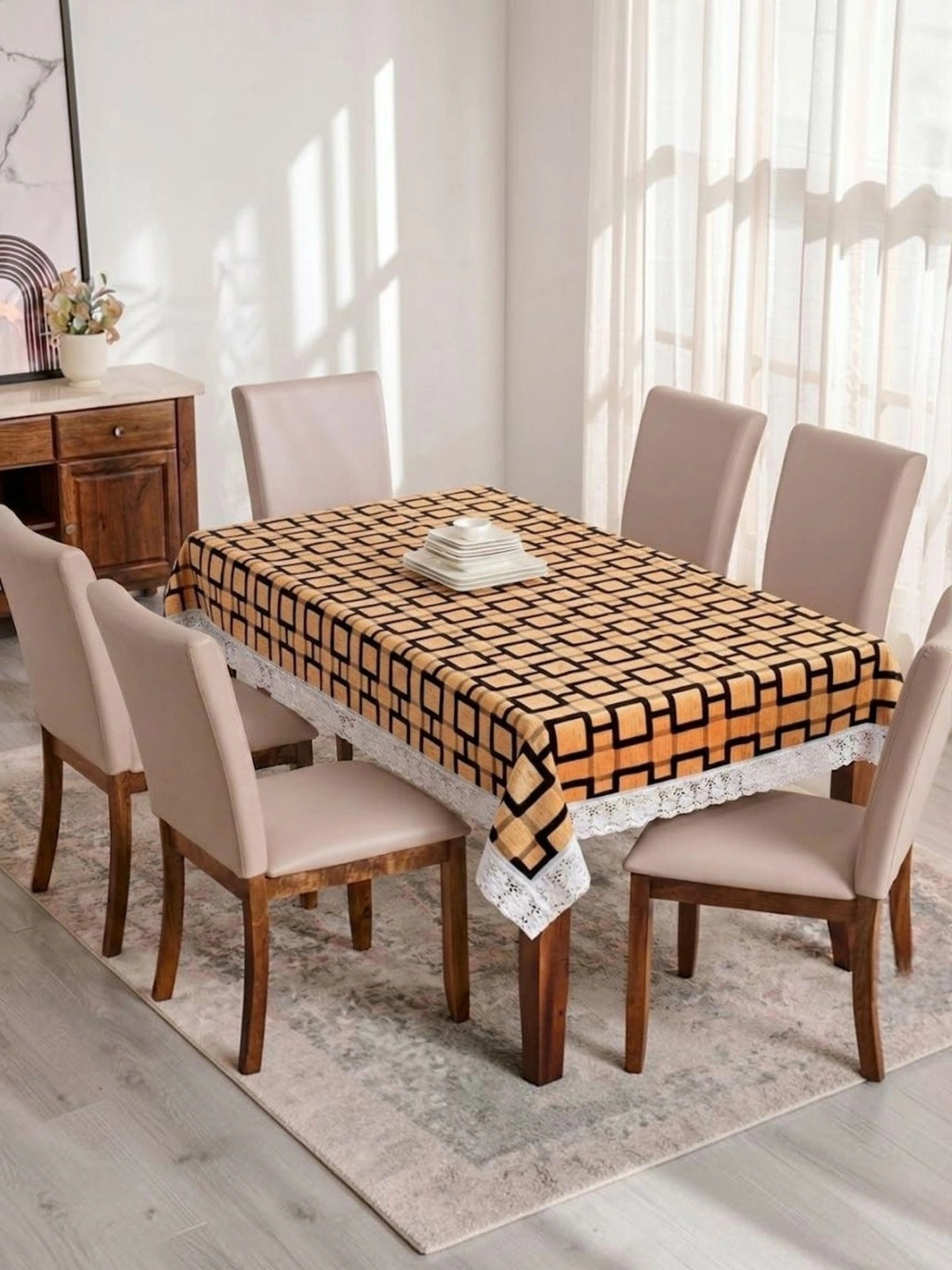 RYKA Yellow Geometric Printed Waterproof 6-Seater Table Cover with Textured details